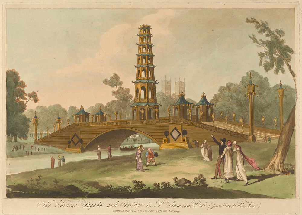The Chinese Pagoda and Bridge in St. James's Park, (previous to the fire)