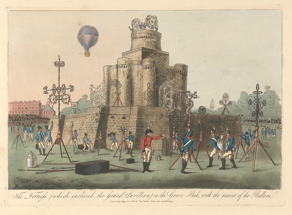 The Fortress (which inclosed the Grand Pavilion) in the Green Park, with the ascent of the Balloon