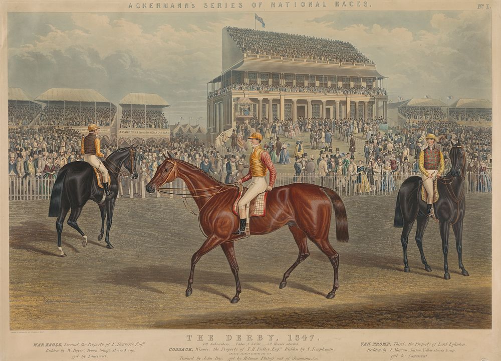 Racing: The Derby, 1847/ ... / Cossack, Winner, the Property of T. H. Pedley, Esq. Ridden by S. Templeman. / Orange, Scarlet…