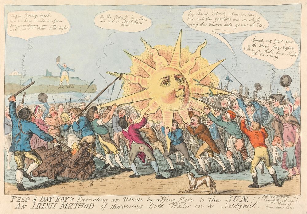 Peep of Day Boy's Preventing an Union by Adding Fire to the Sun. / An Irish Method of Throwing Cold Water on a Subject!