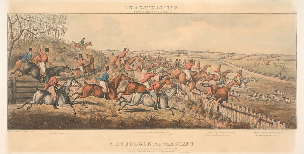 Fox Hunting [set of four]: Leicestershire 'Gaudet Equis Canisbusque'.  No. 1.  A Struggle for the Start ...