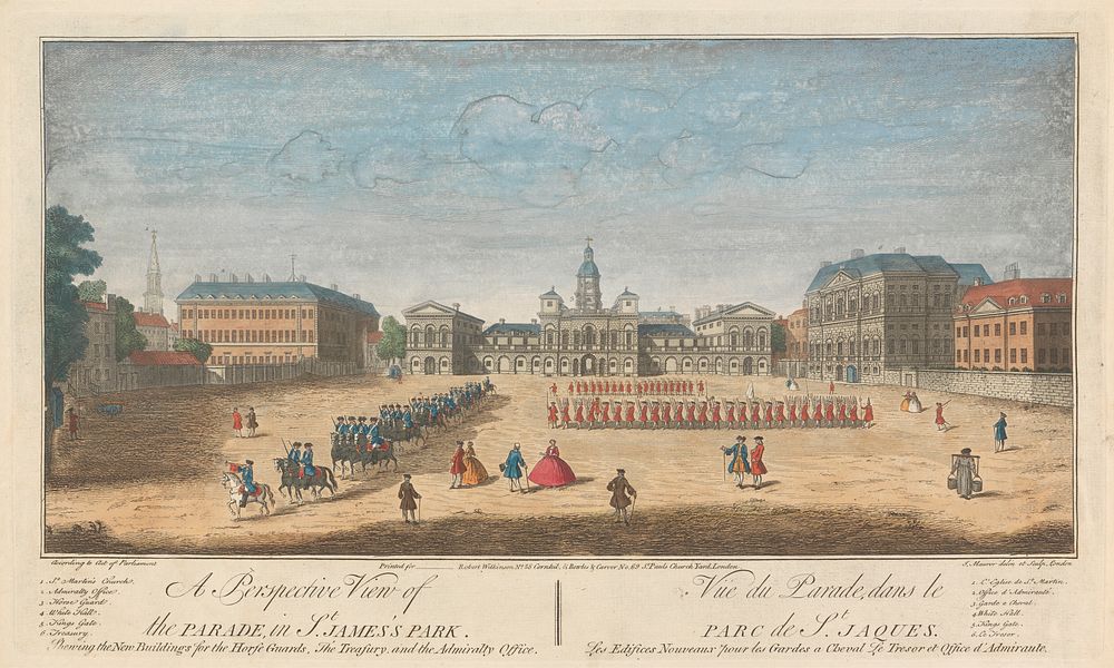 A Perspective View of the Parade, in St. James's Park, Shewing the New Buildings for the Horse Guards, The Treasury, and the…