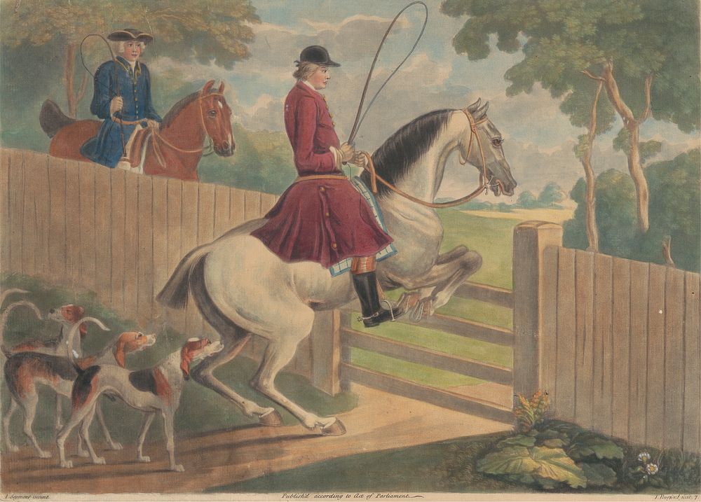 Hunting [two of a set of twelve]:  7. [A rider putting horse to a gate]