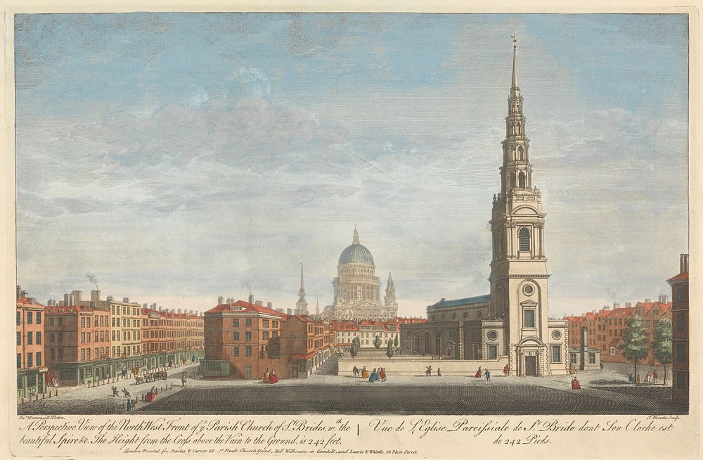 A Perspective View of the North West Front of ye Parish Church of St. Brides, with the beautiful Spire & c. The Height from…