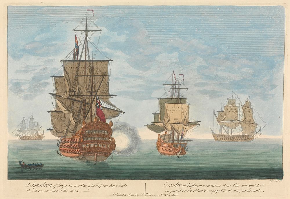 A Squadron of Ships in a calm where of one, A. presents the Stern, another B. the Head