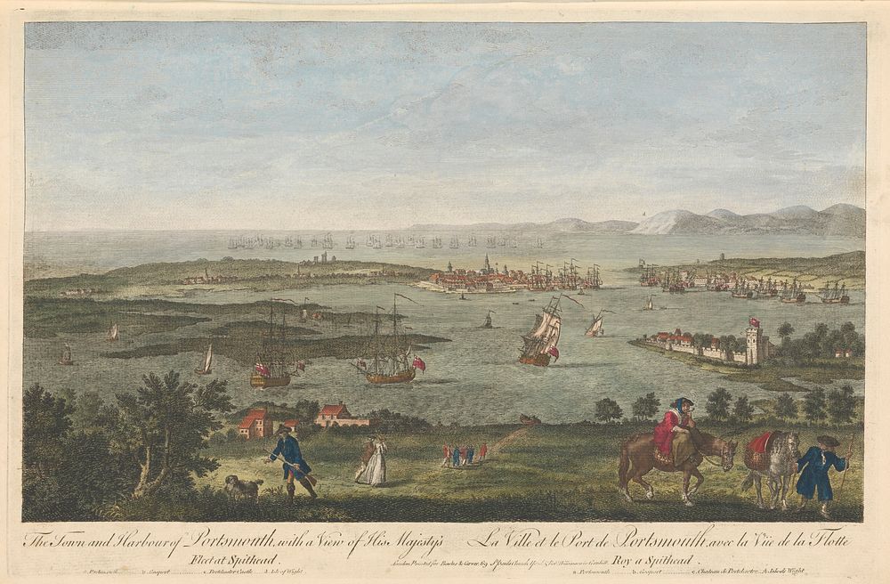 The Town & Harbour of Portsmouth, with a View of His Majesty's Fleet  Spitthead, (a)Portsmouth, (b)Gosport, (c)Portchester…