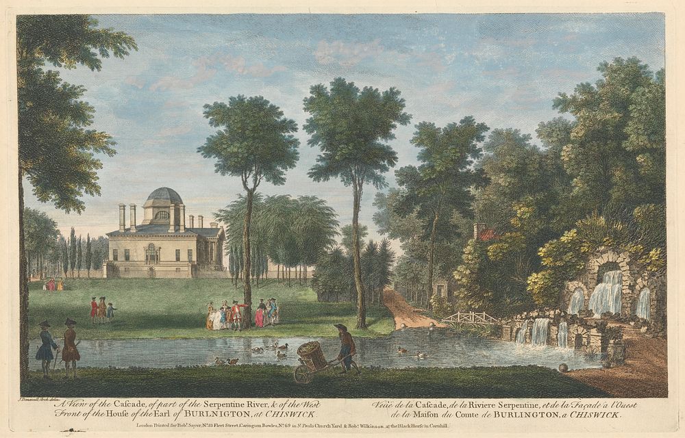 A View of the Cascade, of part of the Serpentine River, & of the West Front of the House of the Earl of Burlington, at…