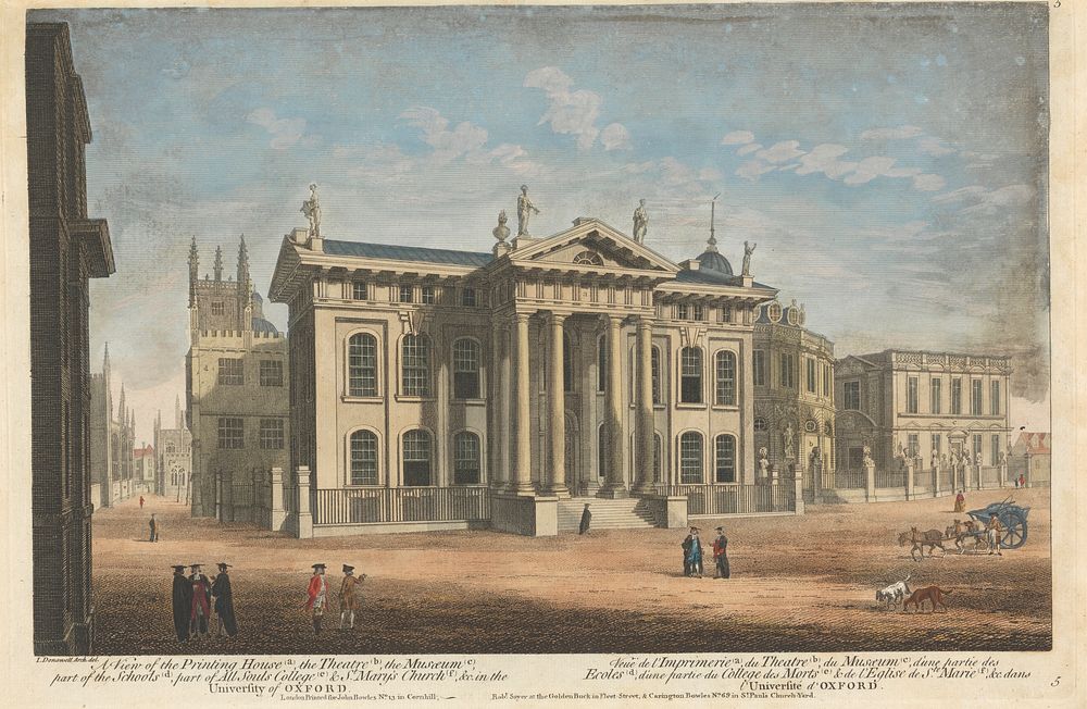 A View of the Printing House (a), the Theatre (b), the Museum (c), part of the Schools (d), part of All Souls College (e), &…