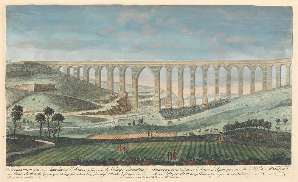 A Prospect of the New Aqueduct of Lisbon, as crossing over the Valley of Alcantra on Stone Arches, the Largest of which is…