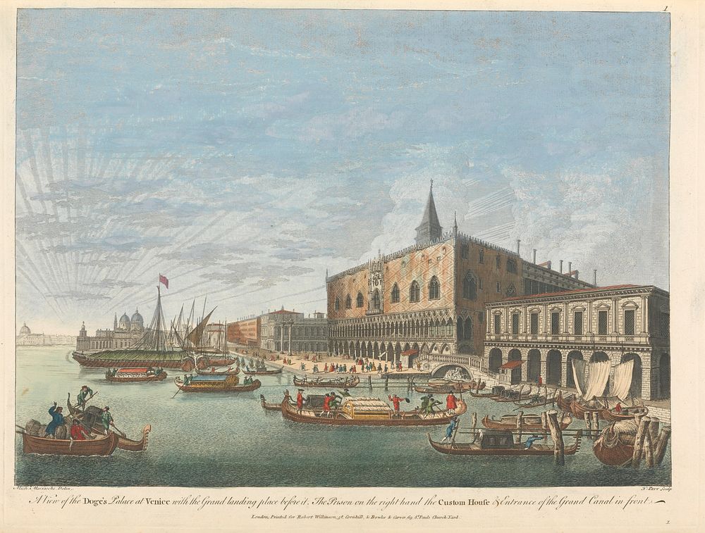 A View of the Doge's Palace at Venice with the Grand landing  place before it.  The Prison on the right hand the Custom…