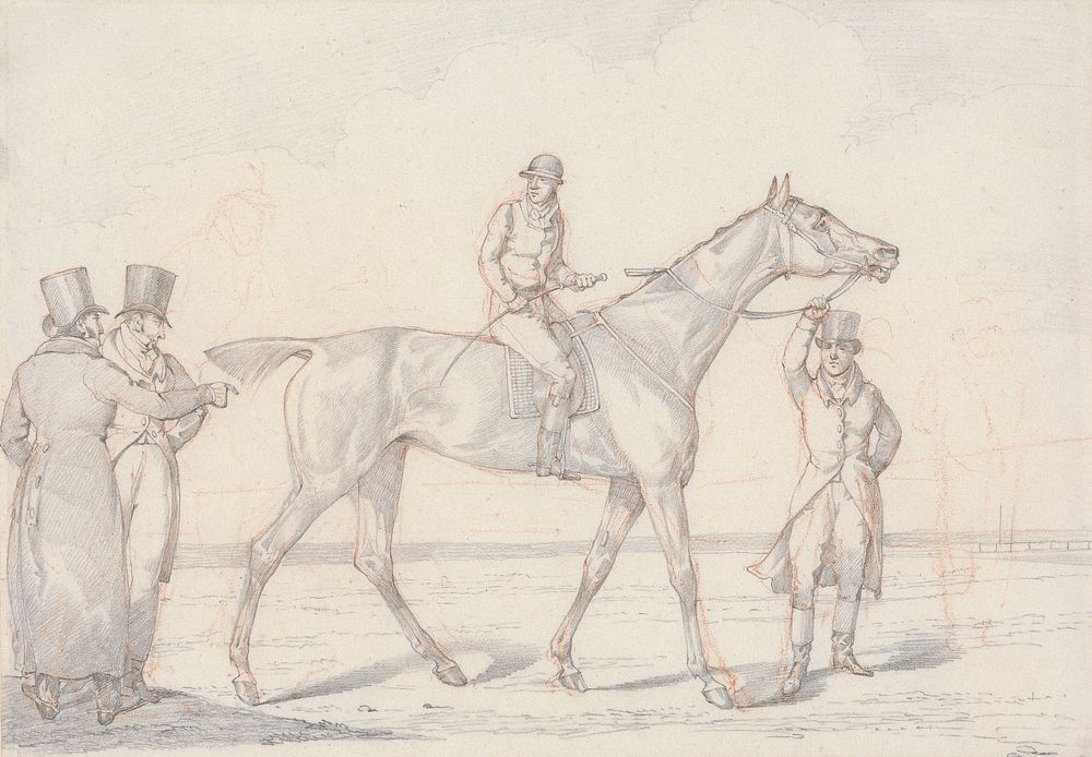 "Scraps", No. 15: Racehorse with Jockey Up, Two Men Discussing the Horse