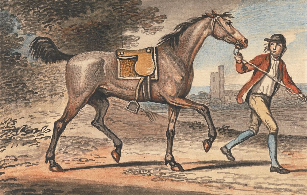 Stable Boy Leading a Trotting Horse in a Landscape with a Castle Tower