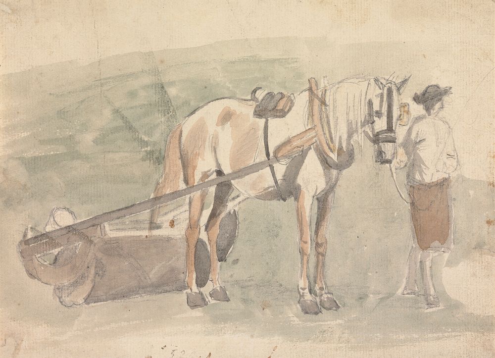 Man With a Horse Harnessed to a Roller