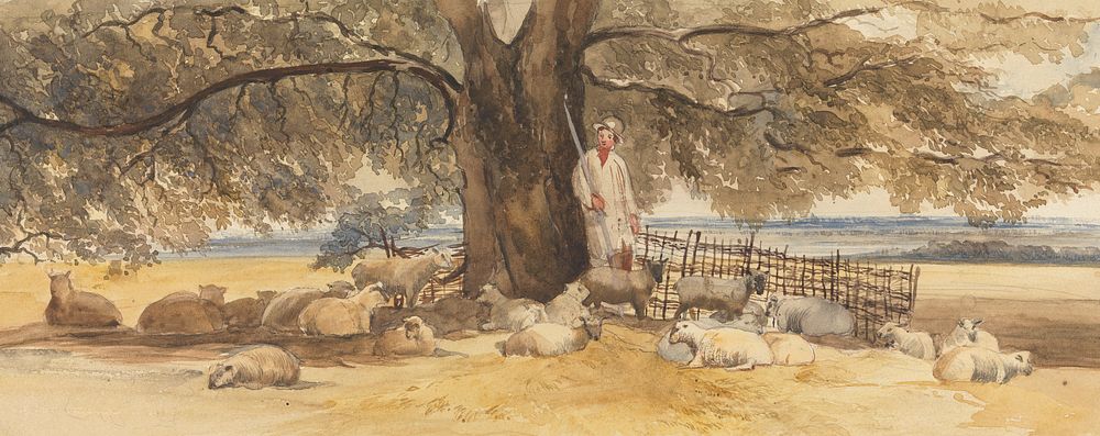 A Shepherd with Flock Beneath a Large Tree
