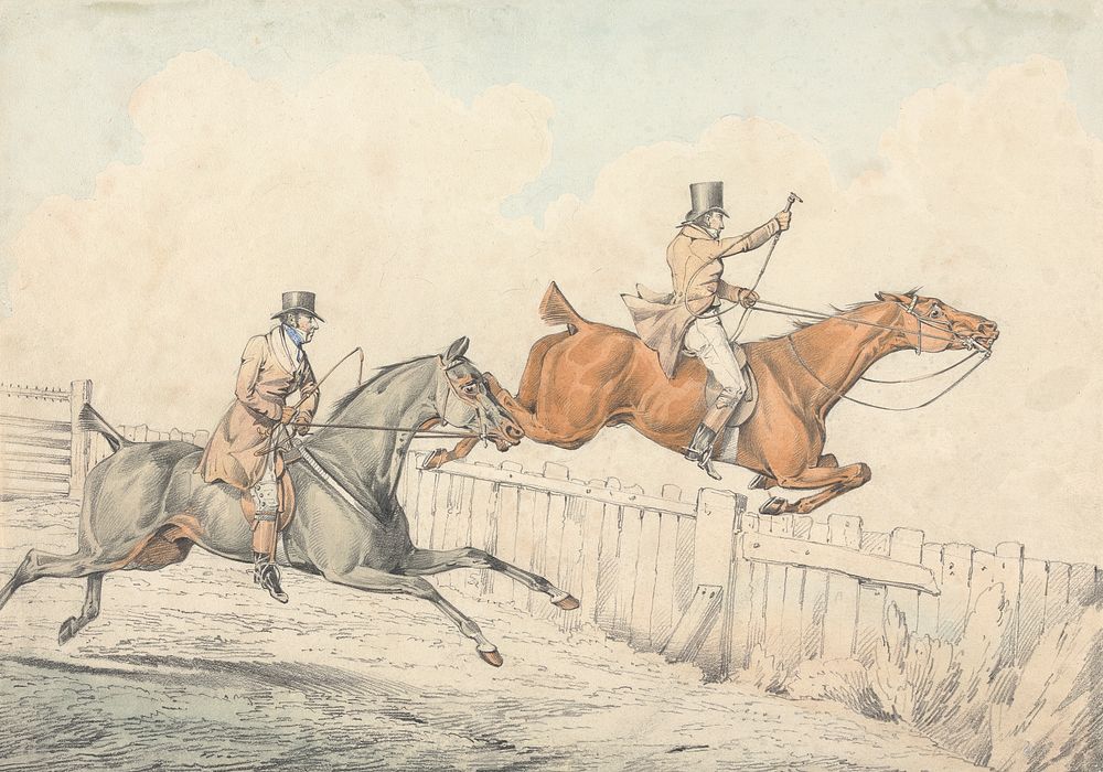 Two Riders Jumping a Wooden Fence