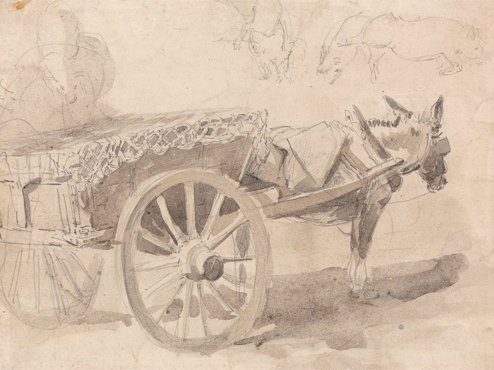 A Mule or Donkey, Harnessed to a Farm Cart, with Other Sketches at Top, Executed at or Near Canterbury, c. 1835