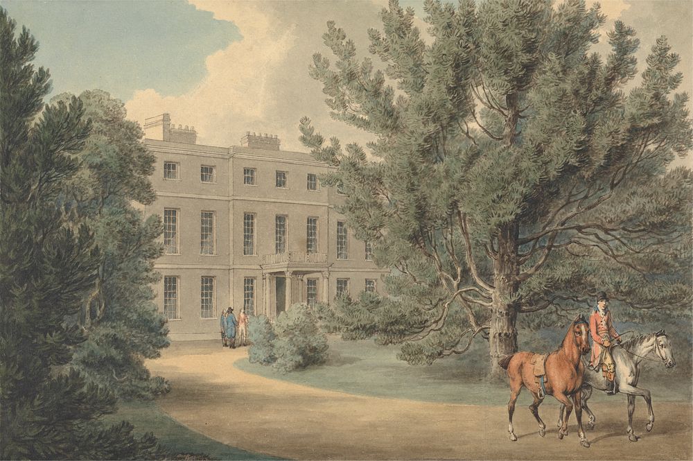 Rider Leading a Second Horse, Leaving the Grounds of a Country House