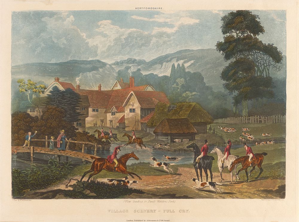 [Fox-hunting] set of four:  Hertfordshire.  3.  (View leading to Paul's Waldens Park) / Village Scenery - Full Cry