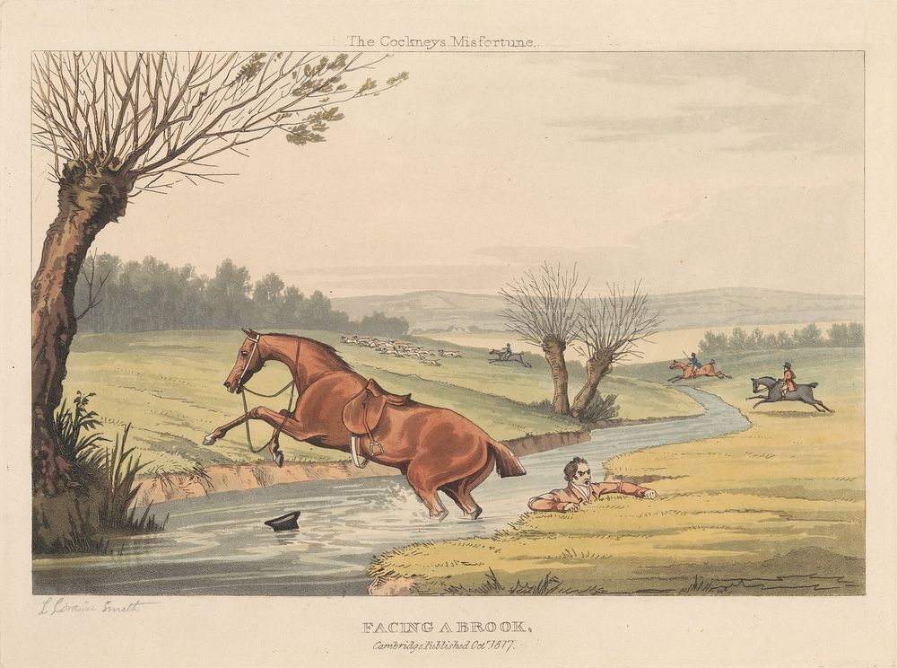 [Fox-hunting] set of six: The Cockney's Misfortune. "Facing a Brook"