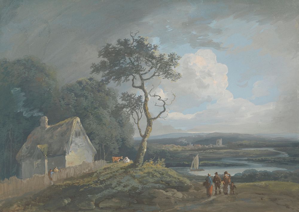 Morning - River Scene with Figures near a Cottage