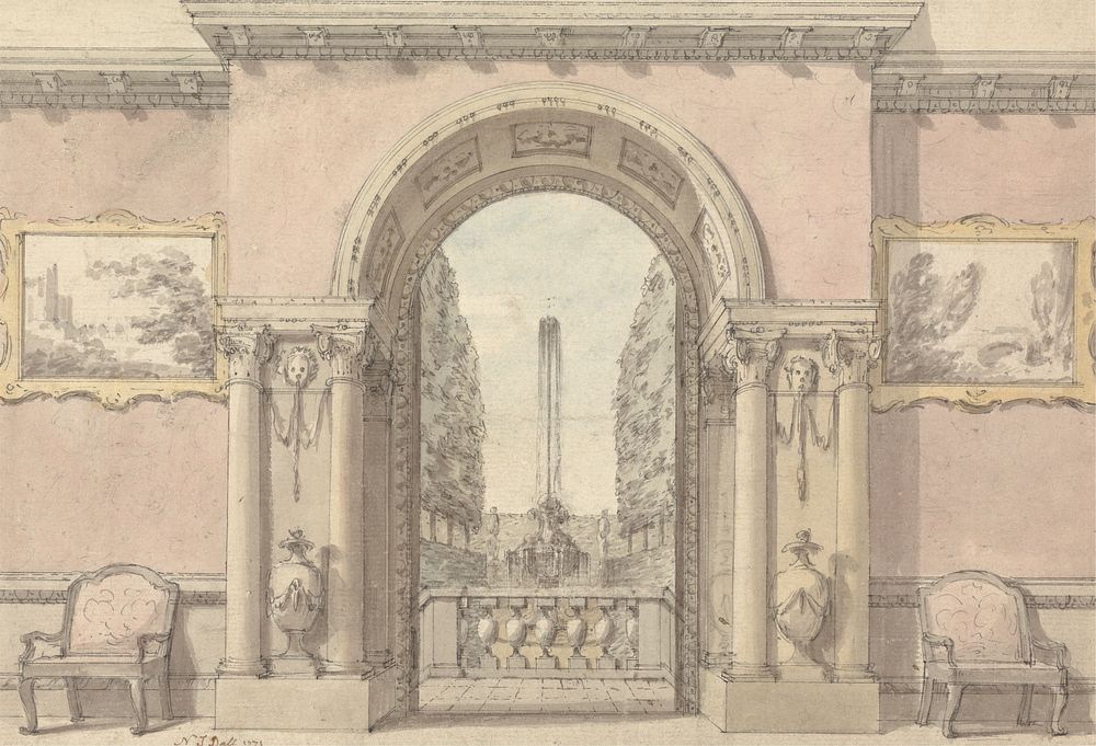 Saloon with an Arch to a Garden and Fountain