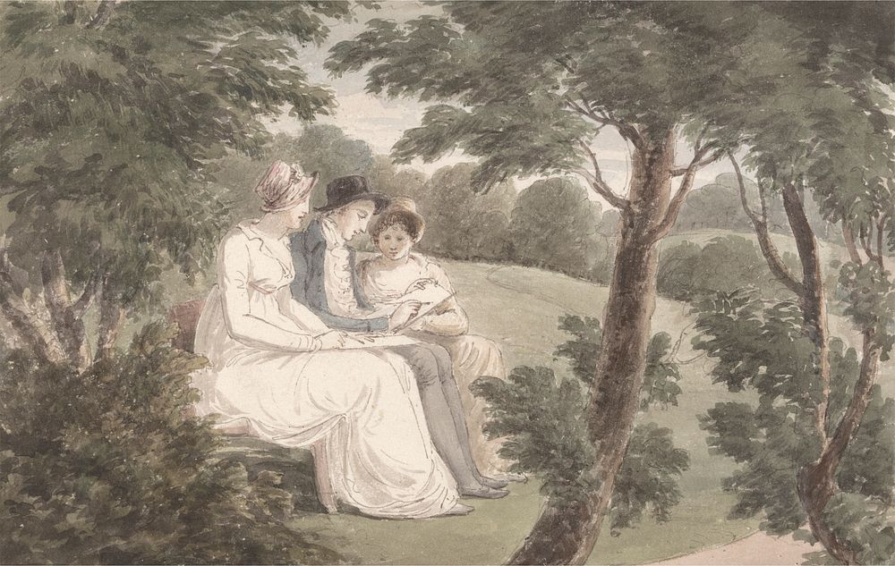 Miss Templeton, Mr. Holworthy and Miss Crewe, Sketching in a Wooded Landscape