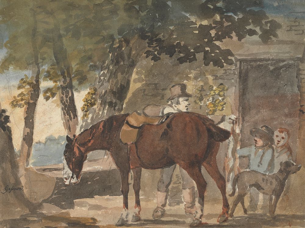 A Horse, Dog and Figures outside a Cottage