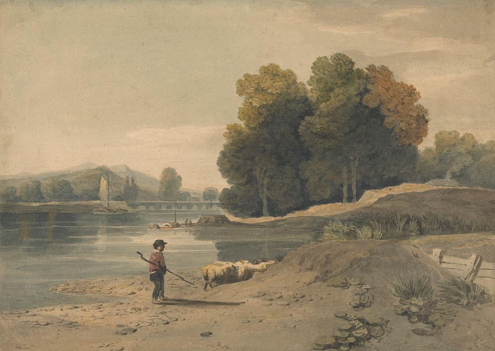 River Scene with Boy and Sheep