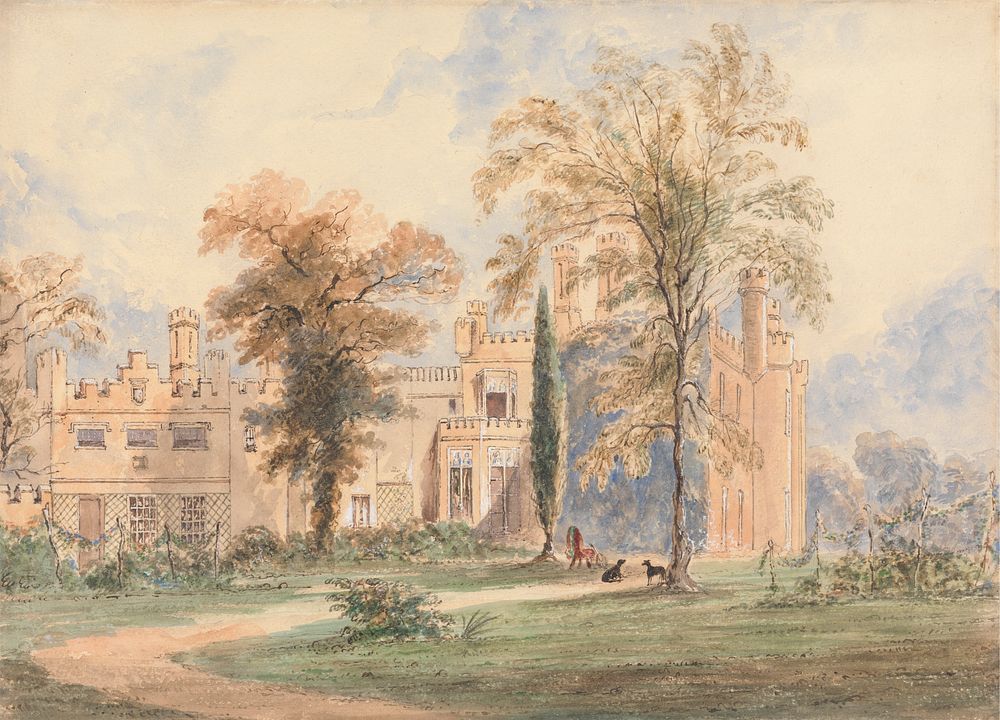 An unidentified Gothic Mansion: Side View of the House with Garden