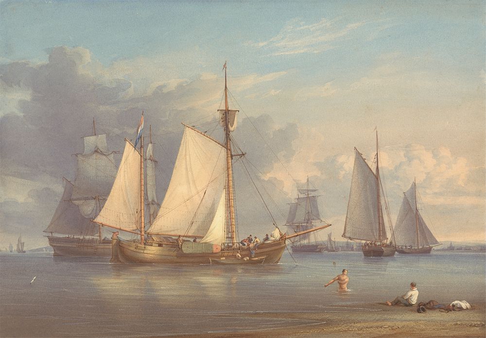 Dutch Fishing Boats at Anchor in an Estuary