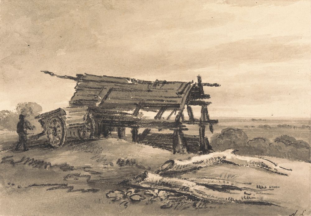 View at Harrow: with farm-worker, cart and ruined barn by Amelia Long