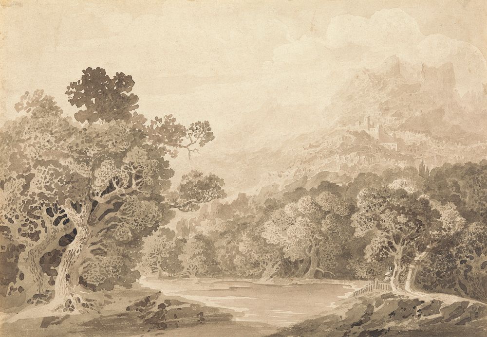 Forested River Bank, Hill Town and Mountain Peaks in Distance by John Martin