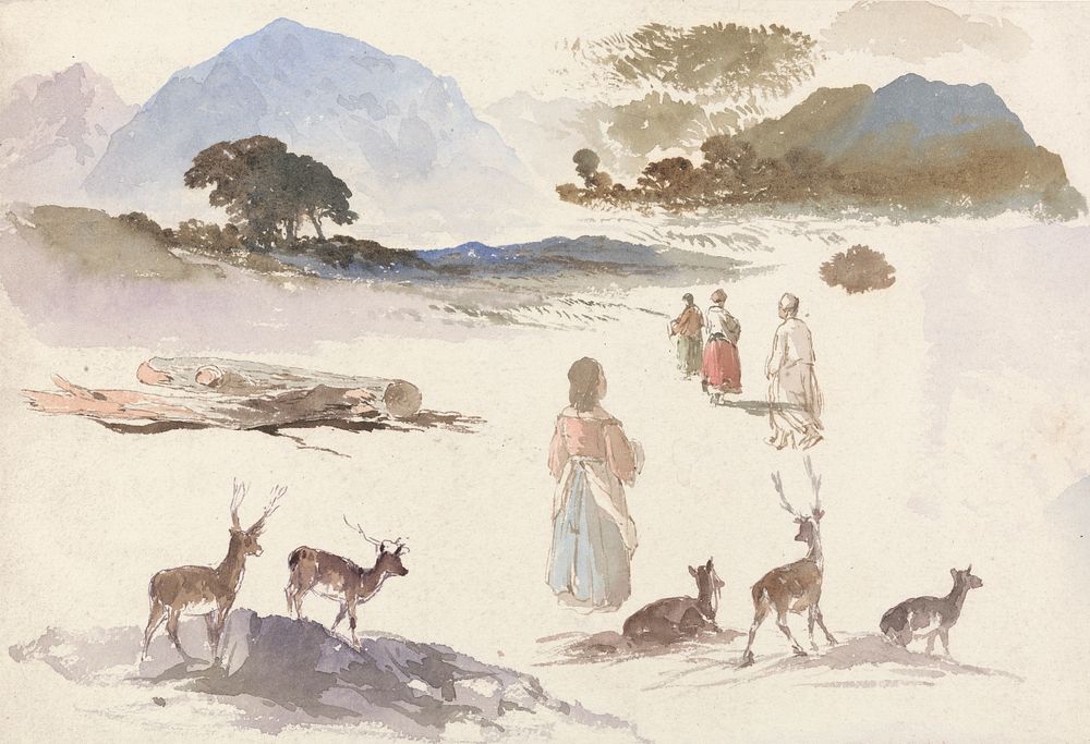 Sheet of Studies of Deer, Figures and Landscape