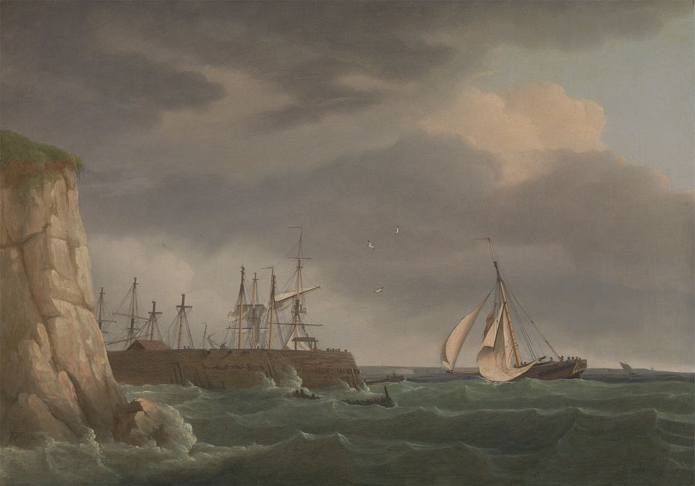A Ship Running into Harbour with Other Craft at a Jetty by Thomas Whitcombe