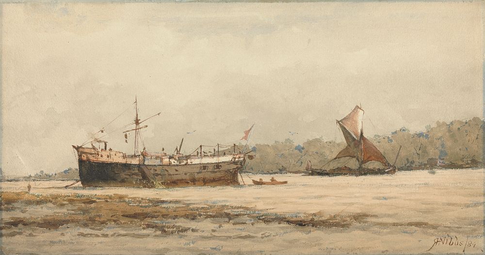 A Moored Barque and Barge in a River by Richard Henry Nibbs
