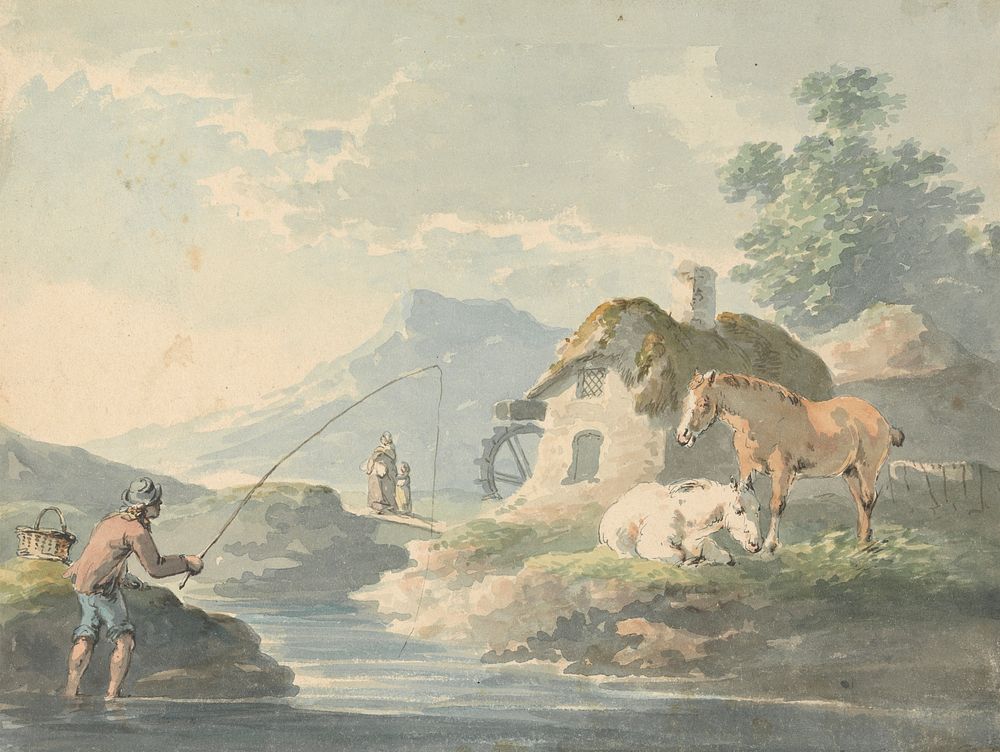 Rustic Scene: man fishing, left; cottage with water-mill and horses right