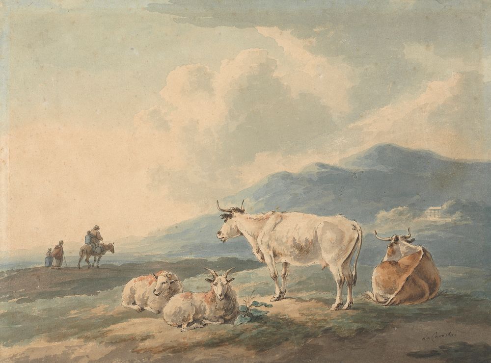 Mountain Landscape: with cows and goats foreground and figures, left