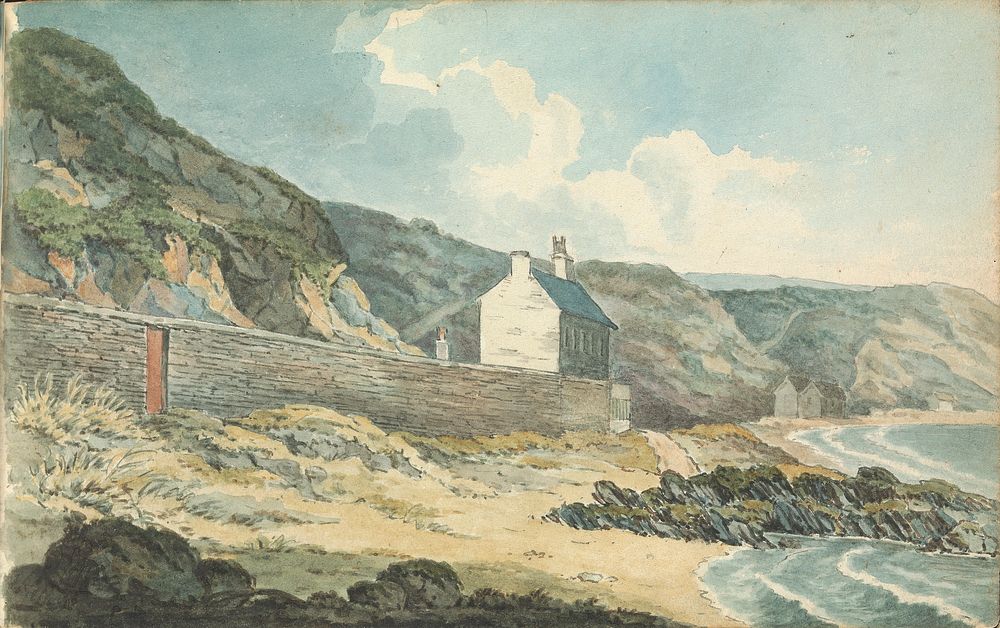Album of Landscape and Figure Drawings: Houses on a Rocky shoreline
