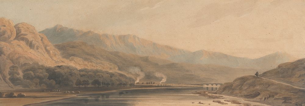 Mountainous Landscape, with River Flowing to Bridge in Distance, a Figure Right by pupil of John Varley