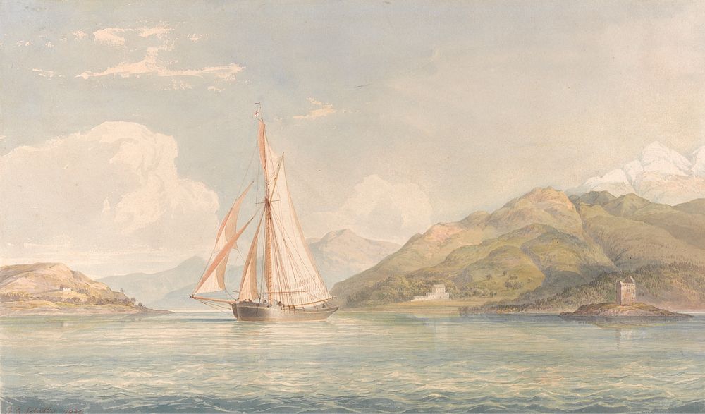 Boat Sailing to the Left with Mountains in the Background