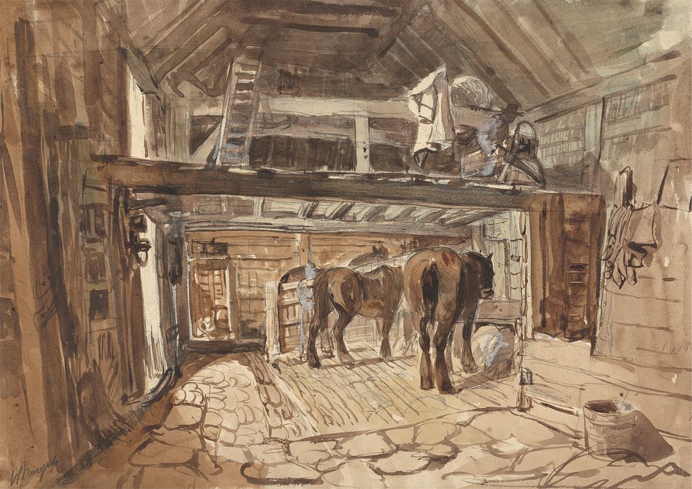 Interior of a Stable, with Tow Horses Feeding