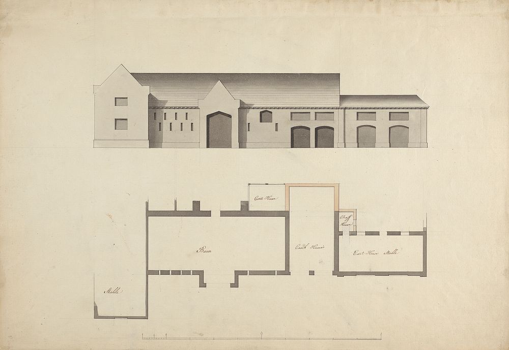 Cobham Hall, Kent: Plan and Elevation of the Stables, Barn and Coach Houses by James Wyatt
