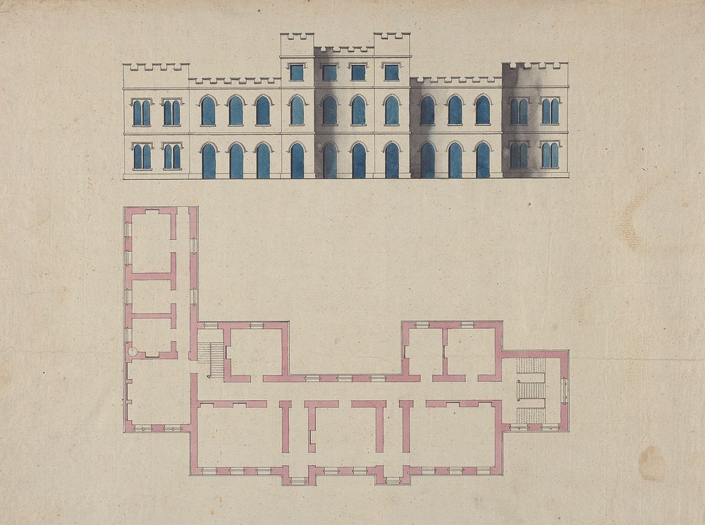 Design for Clifton Castle, Yorkshire: Plan and Elevation in the Gothic Style