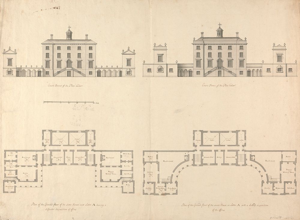 Whitton House, Middlesex: Two Alternate Elevations of the Court Front and Corresponding Ground Floor Plans