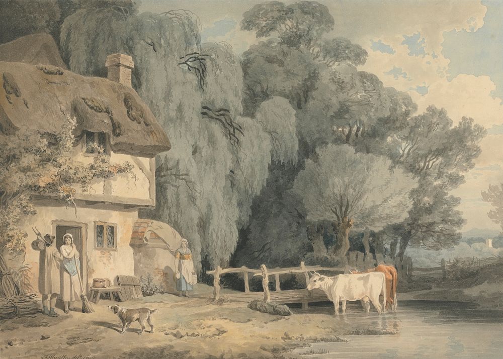 Country Scene: Figures by a Cottage Door and Cattle in a Stream by Francis Wheatley