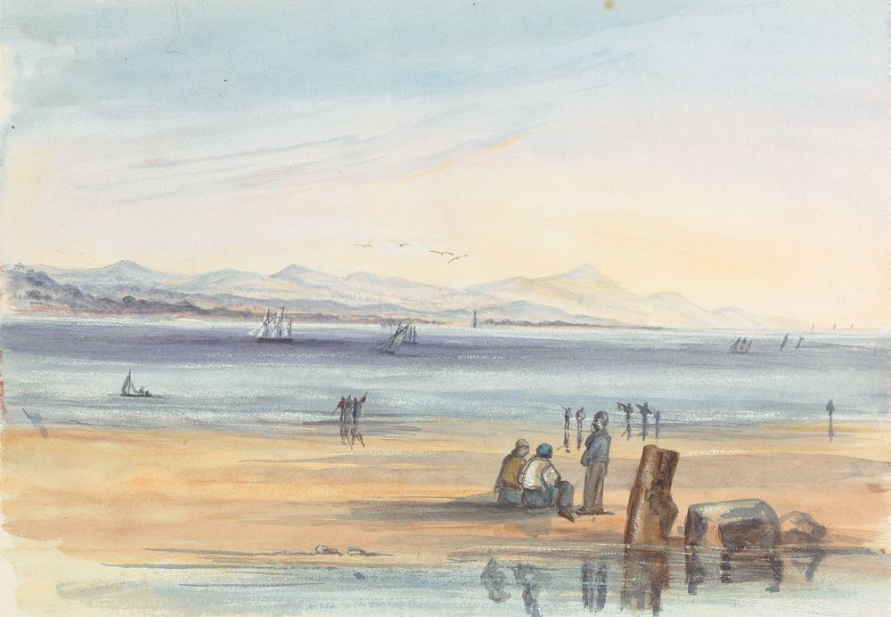 Figures on a Beach with Mountains in the Distance