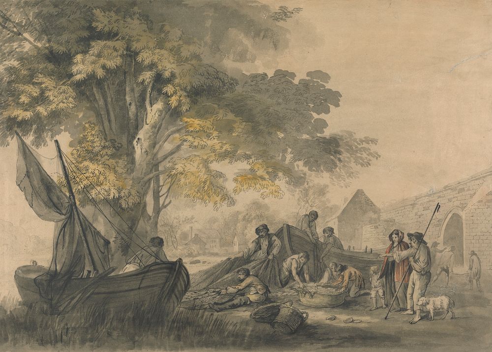 Boats, Fishermen and Peasents near a Weir by George Robertson