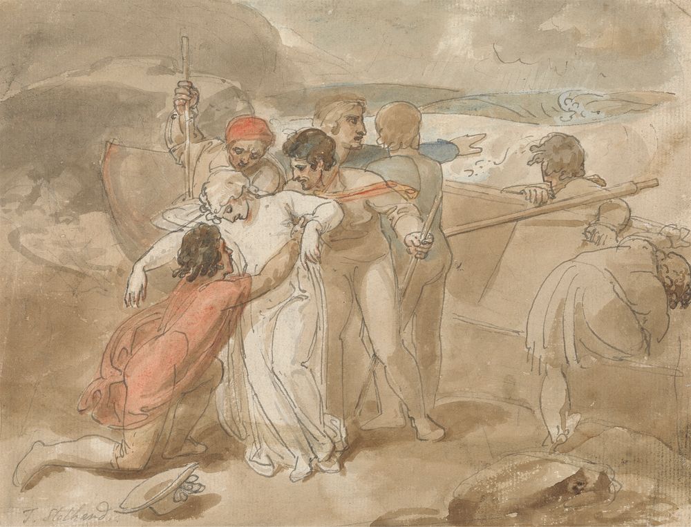 A Woman Rescued from the Sea and Assisted Ashore, Rowing Boat and Rescuers in Background by Thomas Stothard