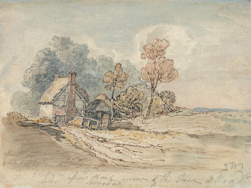 A Thatched Cottage and Trees at the Turn of a Country Road