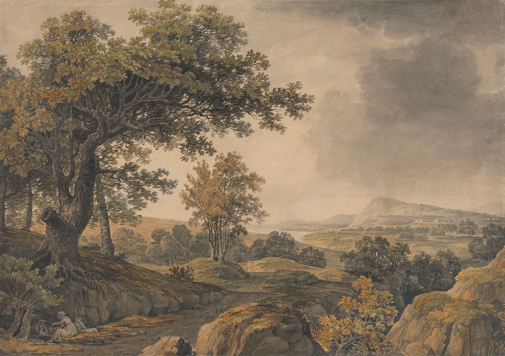 Extensive wooded landscape with figures in foreground left